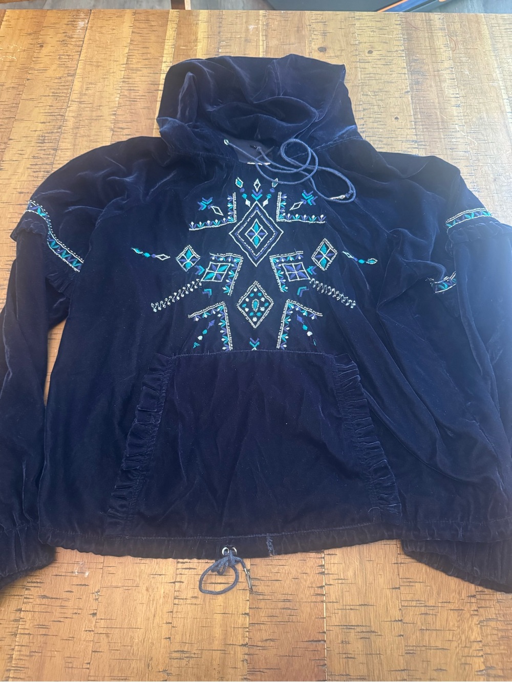 Love Sam Medium Navy Velvet Embroidered Hooded Pullover